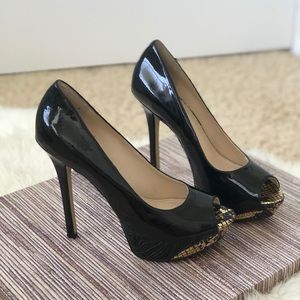Enzo Angiolini peep toe stilettos heels black gold